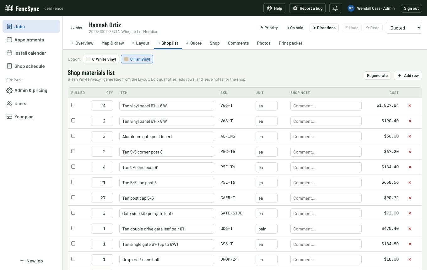 An automatically generated fence materials list with quantities, SKUs and costs